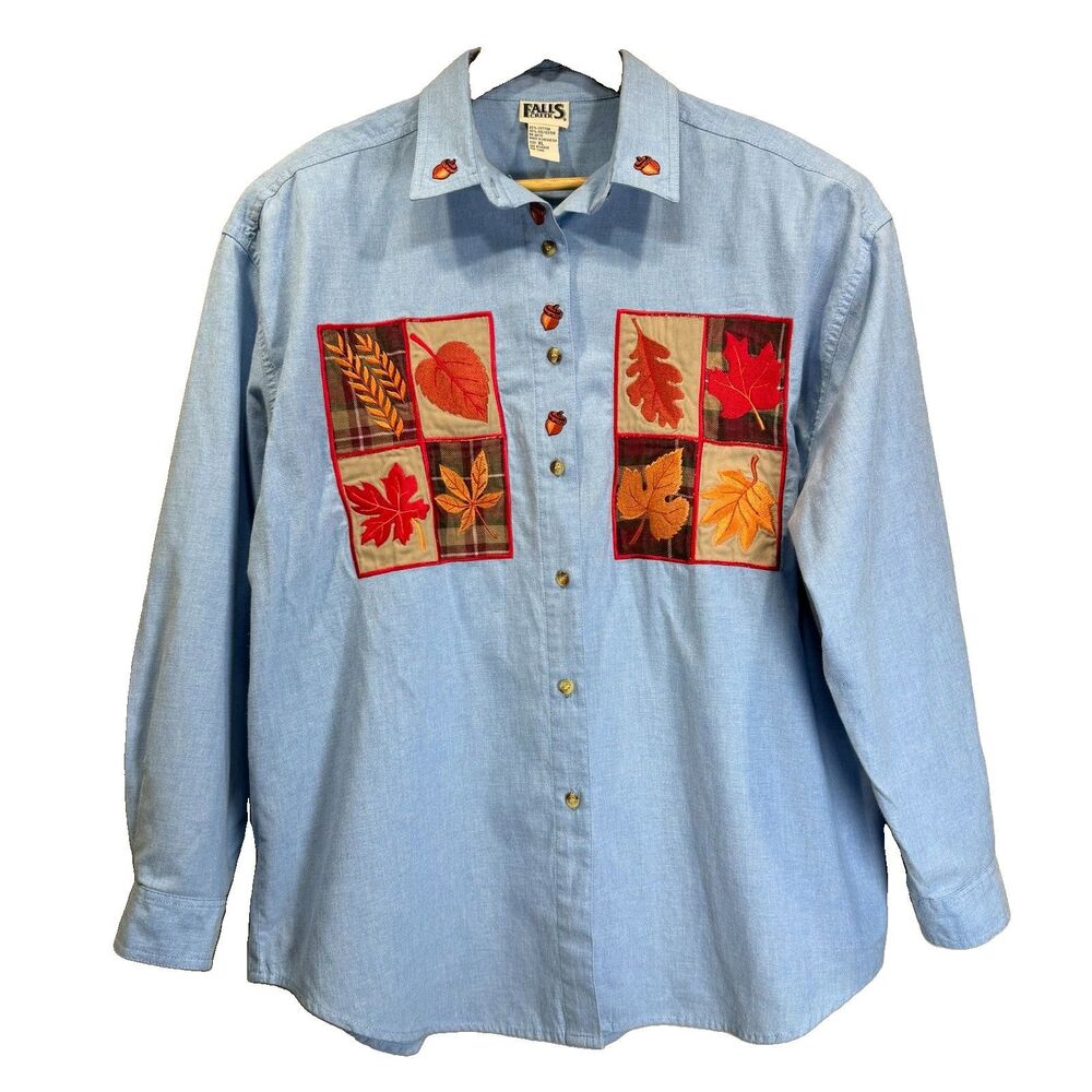 Falls Creek Womens XL Denim Fall Themed Embroidered Applique Button Up Shirt VTG